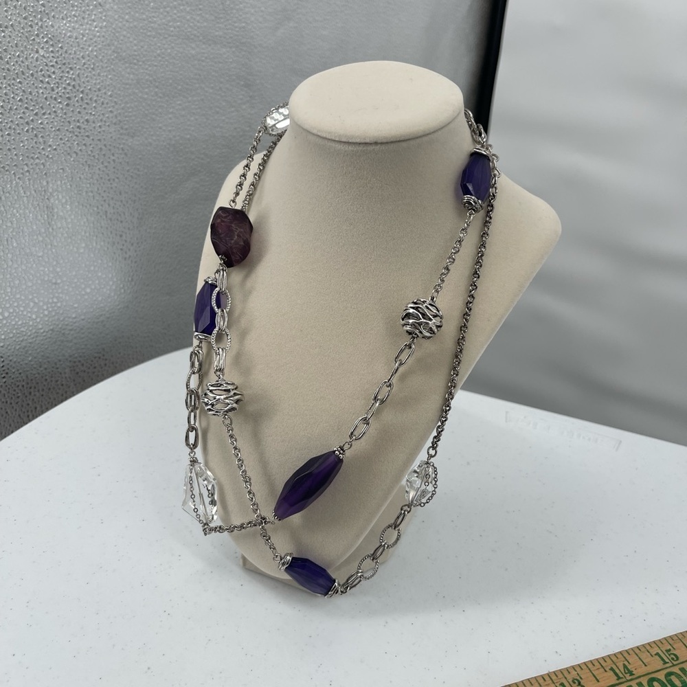 Chico's NWT Julia silver toned purple bead cage ball long necklace